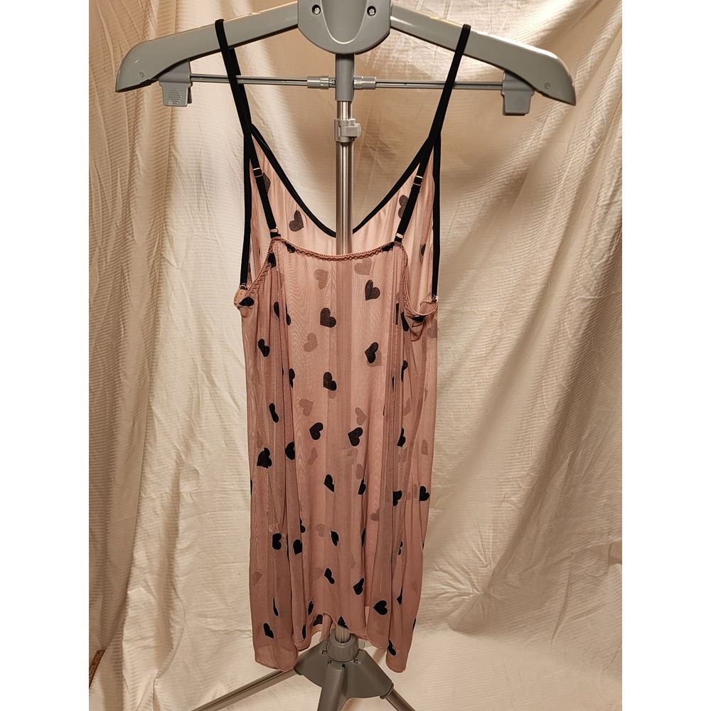 Sheer Pink Mesh Flocked Heart Slip Dress Boudoir Chemise Womens L Sexy - Picture 2 of 3